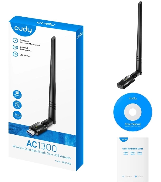 Сетевой адаптер Wi-Fi Cudy WU1400 AC1300 USB 3.0 (ант.внеш.несъем.) 1ант.