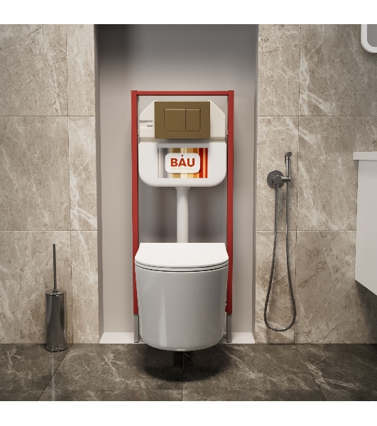 Комплект BAU 6 в 1: рамная инсталляция BAU NEO 45, унитаз подвесной безободковый Bau Hotel PRO, быстросъемное сиденье микролифт, кнопка смыва BAU Stil, бронза