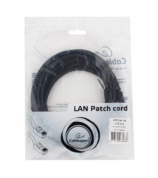 Патч-корд UTP Cablexpert PP12-3M/BK 5e, 3м, литой, многожильный, черный