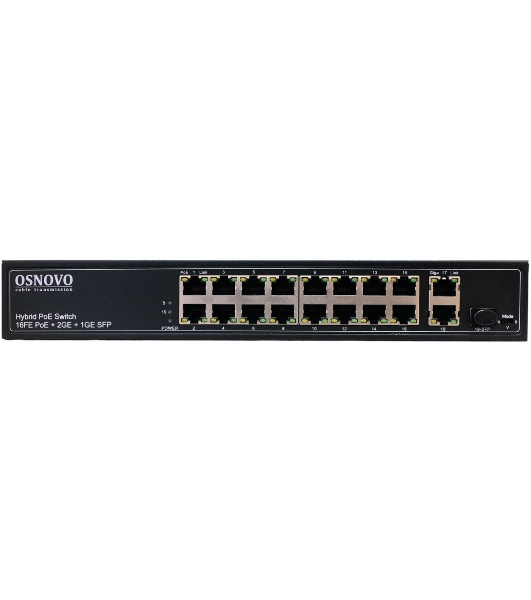 Коммутатор PoE коммутатор FE, 16 *10/100 Base-T с PoE, 2 x GE Uplink (RJ45), 1 x GE SFP Uplink, мощность PoE на порт до 30W, суммарно PoE до 292W