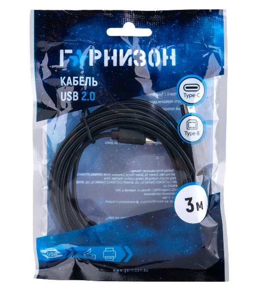 Кабель USB2.0 Гарнизон GCC-USB2-CMBM-3M, Type-C/BM, медь, 3м, черный, пакет