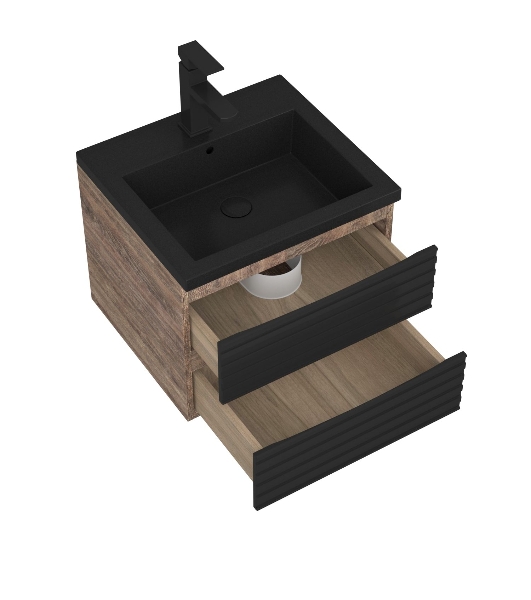 Тумба под раковину Bau Stil Loft black brushed, раковина кварцевая BAU Stil 50, черный металлик, смеситель Hotel Black, черный