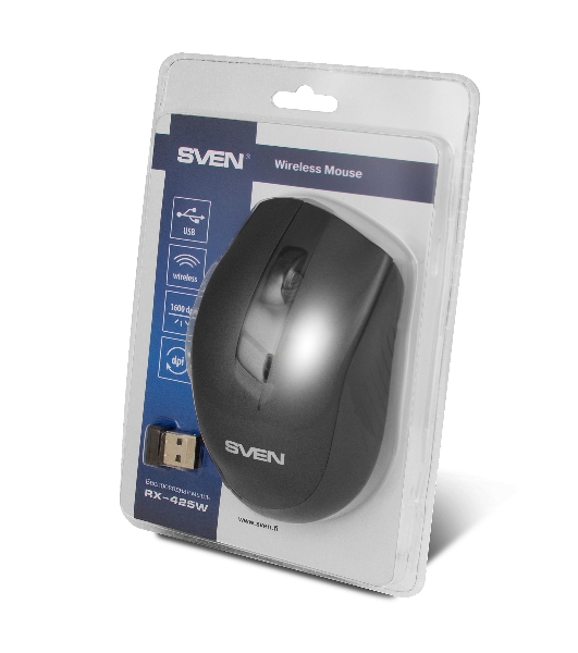 Мышь беспроводная SVEN RX-425W черный, 1600 dpi, радиоканал, USB, кнопки - 6