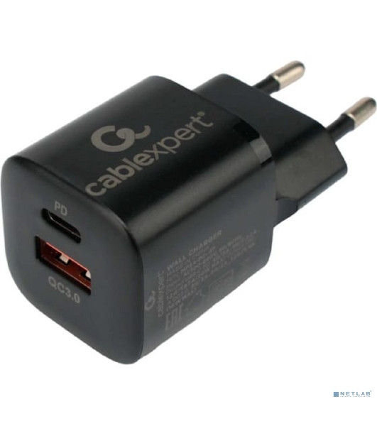 Сетевое зарядное устройство Cablexpert 20Вт, 3А, QC3.0/PD, 1xUSB, 1xType-C, черный, пакет