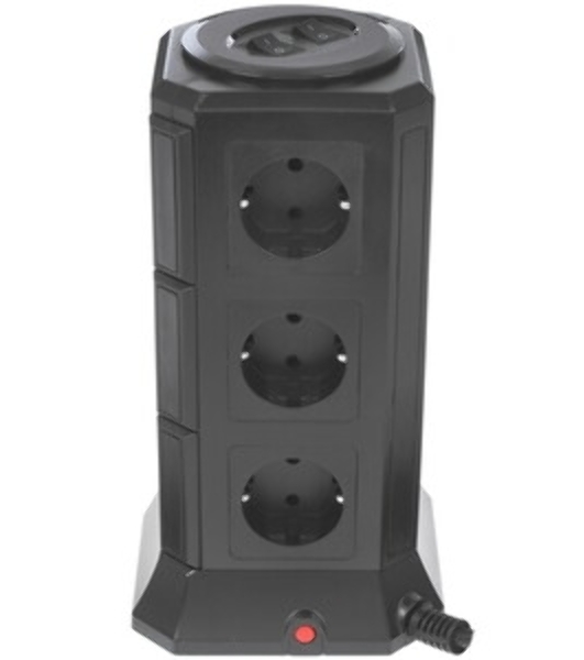 Сетевой фильтр Qumo Power Tower Pro 12SP5U (P-0001), 12 розеток, 2200 Вт, 10A, кабель 2 м 3*1 мм чистая медь, пожаробезопасный пластик, евровилка, 5 USB портов 4.5A суммарно