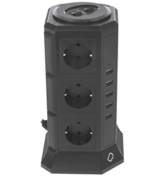 Сетевой фильтр Qumo Power Tower Pro 12SP5U (P-0001), 12 розеток, 2200 Вт, 10A, кабель 2 м 3*1 мм чистая медь, пожаробезопасный пластик, евровилка, 5 USB портов 4.5A суммарно