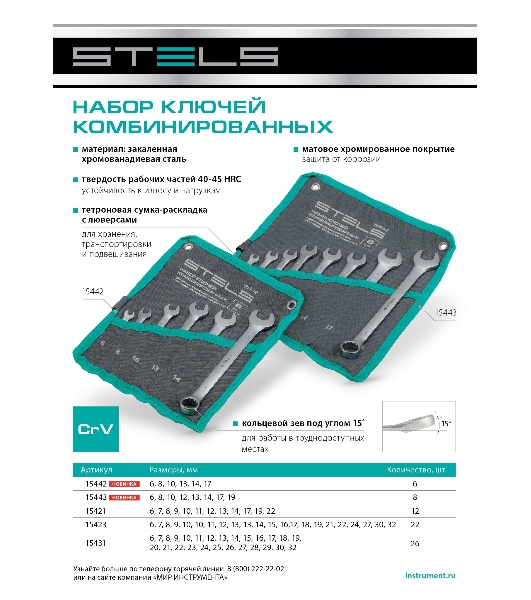 Набор ключей комбинированных Stels 6-17 мм, 6 шт., CrV, матовый хром