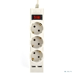 Сетевой фильтр Perfeo 'POWER-S', 5,0 м, 3 розетки 10А, 2USB, 2500 Вт, двойная защита, серый, фото 1