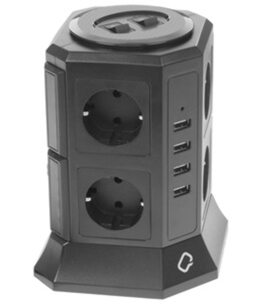 Сетевой фильтр Qumo Power Tower Pro 8SP4U (P-0002), 8 розеток, 2200 Вт, 10A, кабель 2 м 3*1 мм чистая медь, пожаробезопасный пластик, евровилка, 4 USB порта 4.5A суммарно