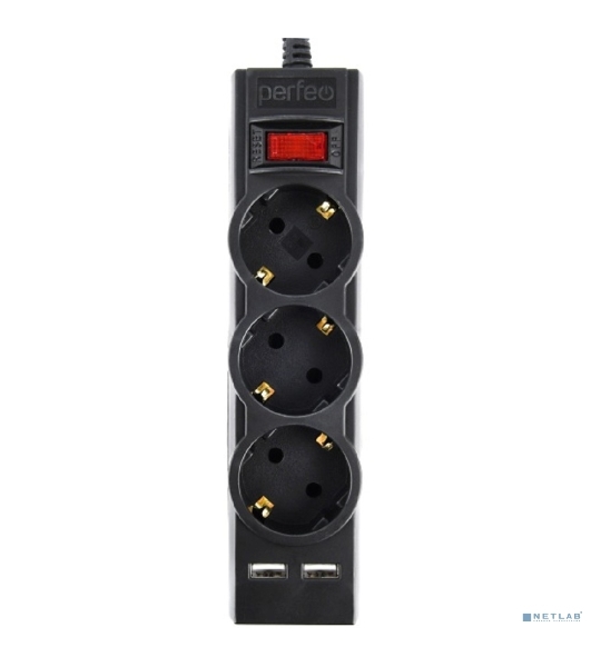 Сетевой фильтр Perfeo 'POWER-S', 5,0 м, 3 розетки 10А, 2USB, 2500 Вт, двойная защита, черный