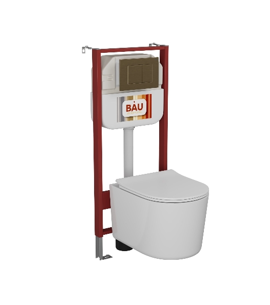 Комплект BAU 6 в 1: рамная инсталляция BAU NEO 45, унитаз подвесной безободковый Bau Hotel PRO, быстросъемное сиденье микролифт, кнопка смыва BAU Stil, бронза