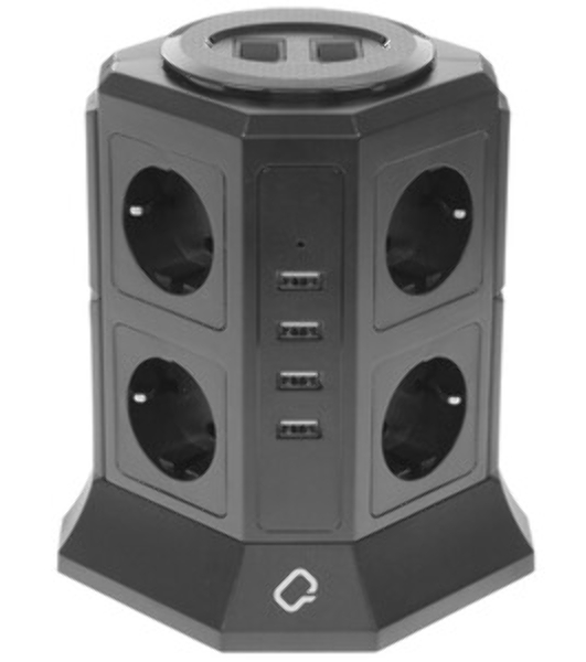 Сетевой фильтр Qumo Power Tower Pro 8SP4U (P-0002), 8 розеток, 2200 Вт, 10A, кабель 2 м 3*1 мм чистая медь, пожаробезопасный пластик, евровилка, 4 USB порта 4.5A суммарно