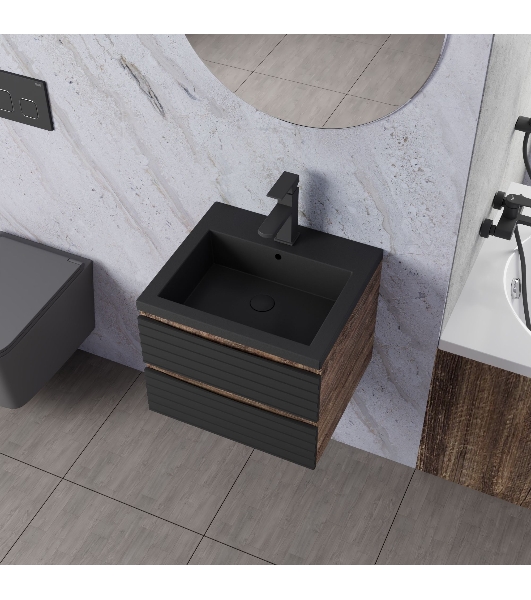 Тумба под раковину Bau Stil Loft black brushed, раковина кварцевая BAU Stil 50, черный металлик, смеситель Hotel Black, черный