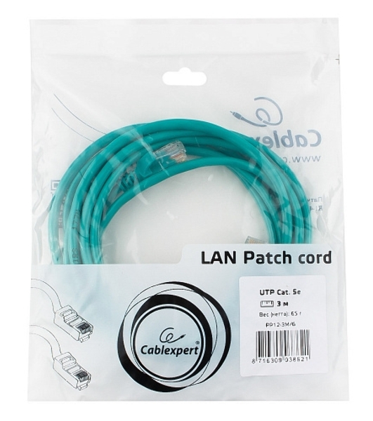 Патч-корд UTP Cablexpert cat.5e, 3м, литой, многожильный, зеленый