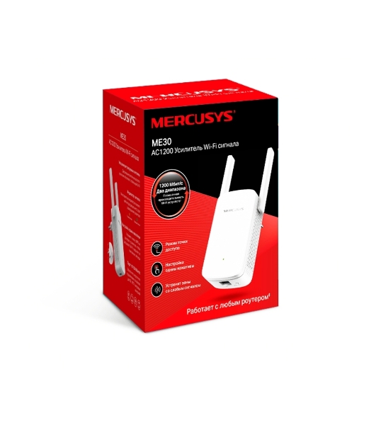 Усилитель сигнала Mercusys ME30 AC1200 Wi-Fi Range Extender, 300 Mbps at 2.4 GHz + 867 Mbps at 5 GHz, 1 x 10/100 LAN, 2× Fixed External Antennas, Wall Plugged, WPS/Reset Button, Signal Indicator, Range Extender/Access Point mode, Adaptive Path Selection