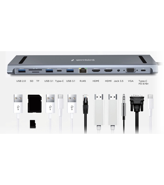 USB-концентратор Gembird UHB-D6, USB Type-C, USB 2.0/RJ45/USB Type-C PD87W/Jack 3.5 / SD/TF/2xHDMI/VGA, USB Type-C