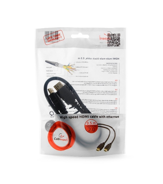 Кабель Cablexpert HDMI CC-HDMI4-0.5M, 19M/19M, v2.0, медь, позол.разъемы, экран, 0.5м, черный, пак