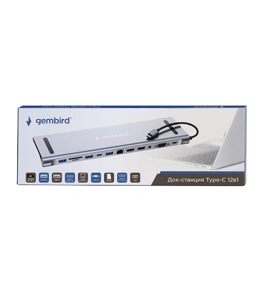 USB-концентратор Gembird UHB-D6, USB Type-C, USB 2.0/RJ45/USB Type-C PD87W/Jack 3.5 / SD/TF/2xHDMI/VGA, USB Type-C