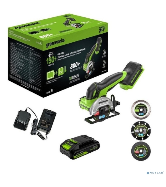 Угловая шлифовальная машина аккумуляторная GreenWorks GD24UCS, 24V, б/щет, 20000 об/мин,76 мм, рез 18 мм,1х2Ач,ЗУ,кор 3402007CUA