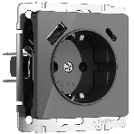 Розетка с заземлением, шторками и USB тип A+C (графит акрил), фото 1