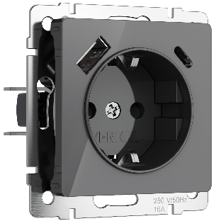 Розетка с заземлением, шторками и USB тип A+C (графит акрил)
