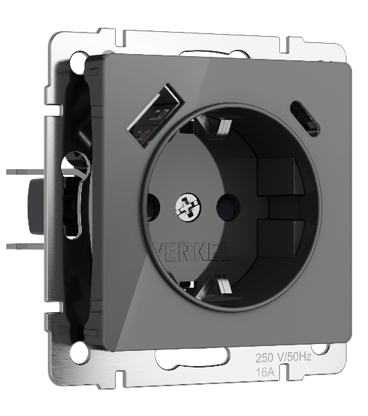 Розетка с заземлением, шторками и USB тип A+C (графит акрил)