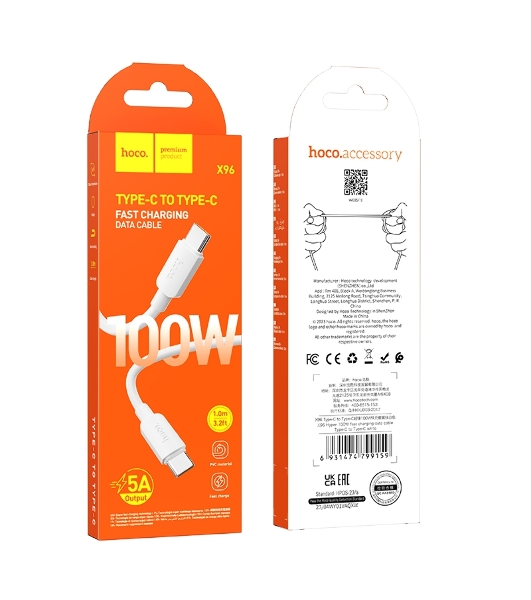 Кабель USB2.0 Hoco Type-C/Type-C, 5А, 100Вт, X96, 1м, белый, коробка