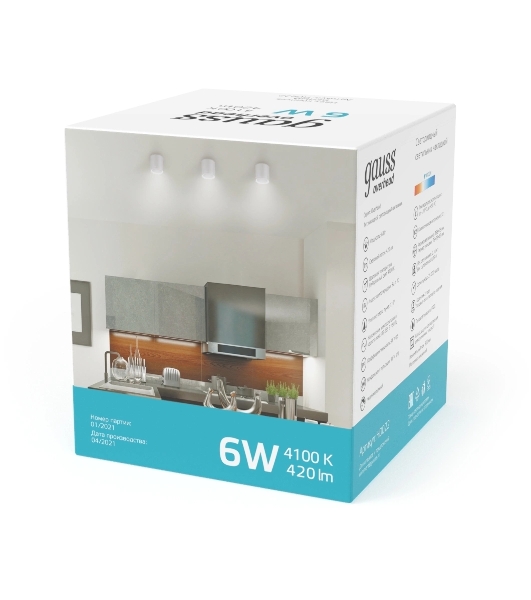 Светильник Gauss Overhead накл цил 6W 420lm 4100K 170-240V IP20 68x75мм белый с расс LED