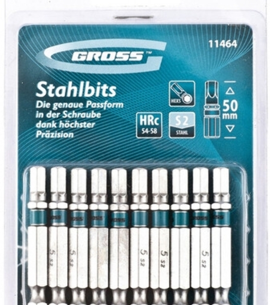 Бита Gross HEX 5х50 мм, сталь S2, шестигр., 10 шт.