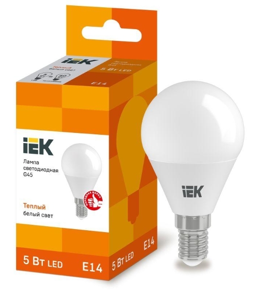 Лампа светодиодная IEK LLE-G45-5-230-30-E14 ECO G45 5Вт шар 3000К теплый белый E14 450лм 230-240В