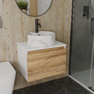 Комплект: тумба Bau Dream Blackwood 60, 1 ящик, Раковина круглая накладная BAU Element D41, мрамор, смеситель Hotel Dream Black, черный матовый