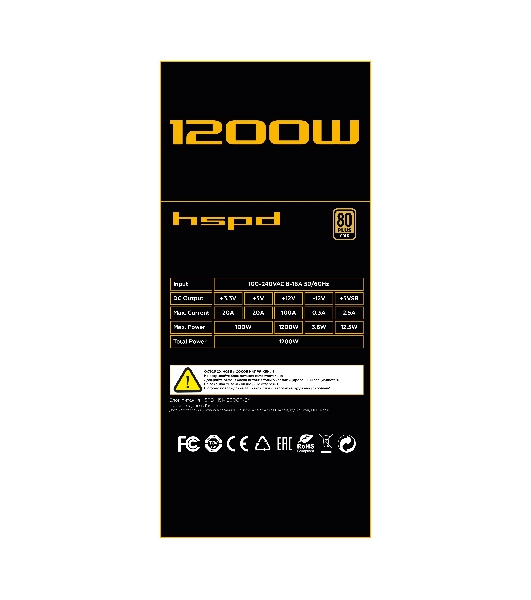 Блок питания Power Supply HSPD, 1200W 80 PLUS Gold (ATX, 3.1, PCIe 5.1, Full modular, 1x24(20+4)pin 600мм, 2xCPU 8(4+4)pin 700мм, 2xPCIe*2 8(6+2)pin 550+150мм, 1x12V(2x6) 12+4pin 600W 550мм 3xSATA*3 500+150+150мм, 1xMOLEX4pin*3+FDD 500+150+150+150мм, Active, 120x120мм, 150x140x86мм, APFC, OVP, UVP, SCP, OCP, OTP, OPP, NLO, SIP, black)