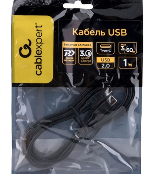 Кабель USB2.0 Cablexpert CC-USB2-CMCM-60-1M, Type-C/Type-C, 3A, 60Вт, PD/QC3.0, медь, 1м, черный, пакет