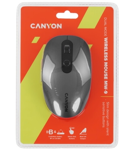 Мышь беспроводная Canyon MW-9 серый, 1600 dpi, радиоканал, Bluetooth, USB, кнопки - 6