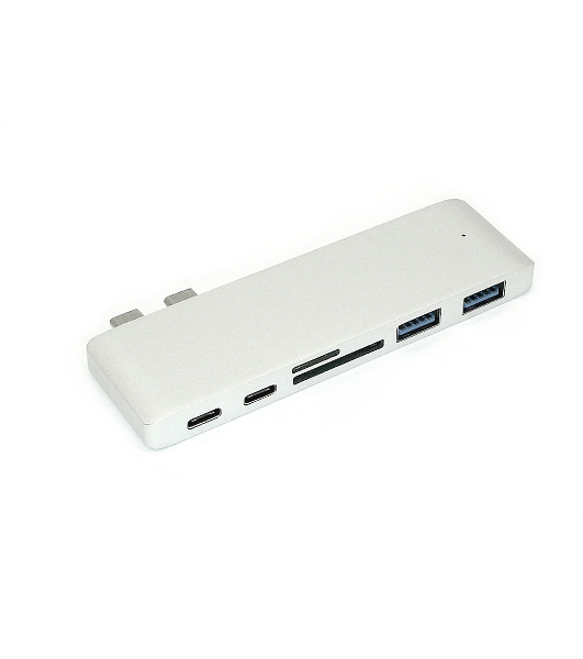 Адаптер сдвоенный Type-C на USB 3.0*2 + Type-C* 2 + SD/TF для MacBook, серебристый