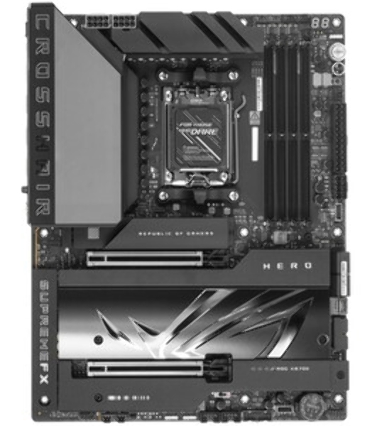 Материнская плата ASUS ROG CROSSHAIR X870E HERO, AM5, AMD X870E, 4xDDR5, 4xSATA, 5xM.2, 2xPCI-E 5.0 x16, 1xHDMI, 2xUSB-C (видео), 2x 5Gb LAN, 6xUSB-A 3.2 Gen 2, 2xUSB-C 3.2 Gen 2, 2xUSB4, 2x3.5 мм, 7.1, ATX