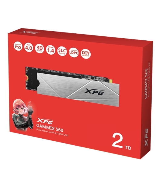 Накопитель SSD ADATA XPG GAMMIX S60, 2Tb, PCIe 4.0 x4, M.2 2280, NVMe, R/W 5000/4200, с радиатором