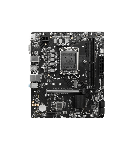 Материнская плата MSI PRO B760M-E, LGA 1700, Intel B760, 2xDDR5, 4xSATA, 1xM.2, 1xPCIe 4.0 x16, 1xPCIe 4.0 x1, 1xHDMI, 1xVGA, 1x1Gb LAN, 2xUSB-A 3.2 Gen 1, 4xUSB-A 2.0, 3x3.5 мм, 7.1, mATX