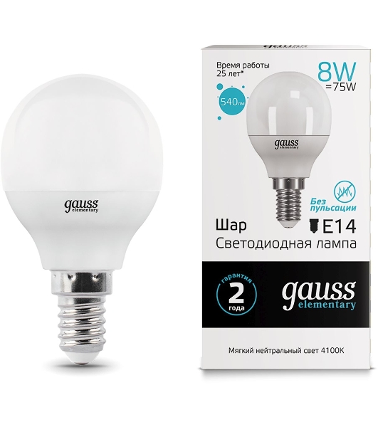 Лампа светодиодная LED Gauss 8Вт E14 220В 4100К Elementary шар 53128