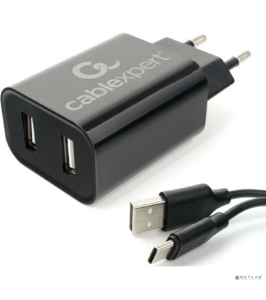 Сетевое зарядное устройство Cablexpert MP3A-PC-37 USB 2 порта, 2.4A, черный + кабель 1м Type-C