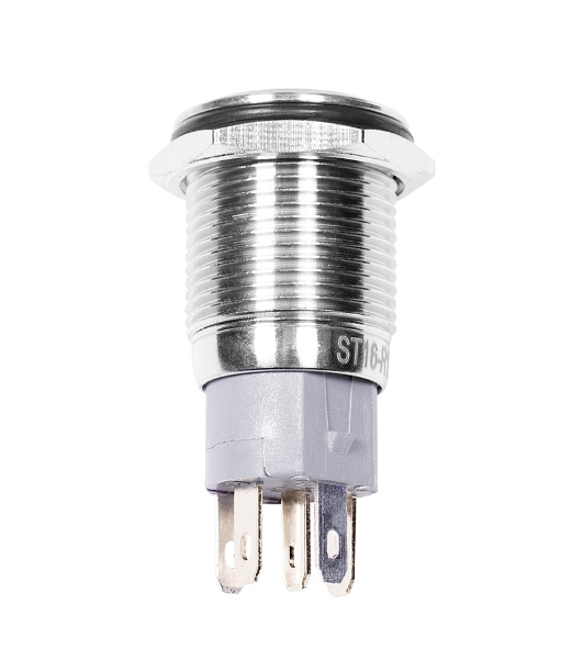 Кнопка антивандальная Rexant Ø16 250В Б/Фикс (5с) (ON)-OFF плоская подсв/красная POWER
