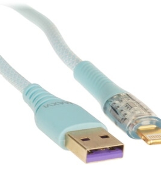 Кабель Maxvi MC-19L blue, USB-A - Lightning, 2.4A, LED ток макс. нагрузки 2.4А, макс. напряжение 5V; стандарт USB 2.0; длина кабеля 1.5м, нейлоновая оплетка, металлические корпуса разъемов,LED подсветка, цвет: синий