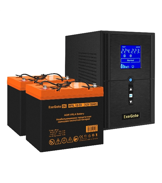 Комплект Источник бесперебойного питания EX295987RUS + батарея 55Aч EX285652RUS 2шт (инвертор, синус, для котла) ExeGate SineTower SZ-1000.LCD.AVR.2SH.1C13.USB 1000VA/800W, чистый синусоида, LCD дисплей, AVR, 2*Schuko+1*C13, USB, линейно-интерактивный, черный + батарея ExeGate HRL 12-55 (12В, 55А·ч) 2шт