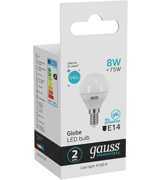 Лампа светодиодная LED Gauss 8Вт E14 220В 4100К Elementary шар 53128
