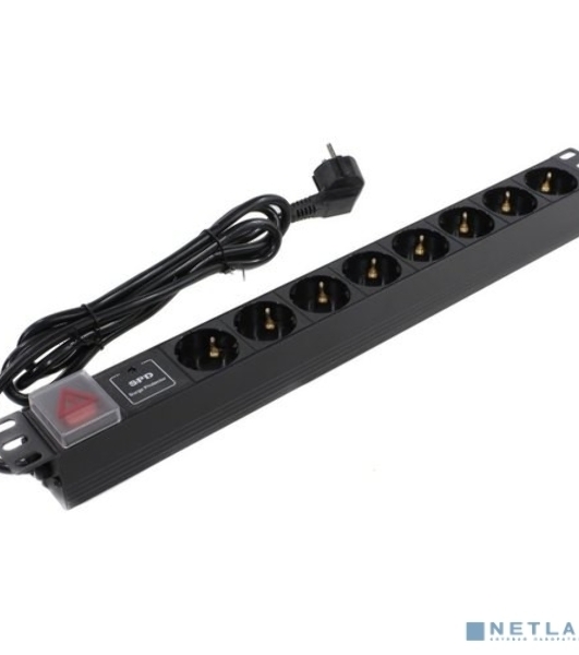 Блок розеток горизонтальный ExeGate ServerPro PDU-19H807 Al-8S-EU2-SW-SPD1, 19', 1U, Алюминий, 8 Schuko, кабель с евровилкой VDE-250V-16A-3*1.5мм2, 2 метра, выкл. с подсветкой, SPD1, черный