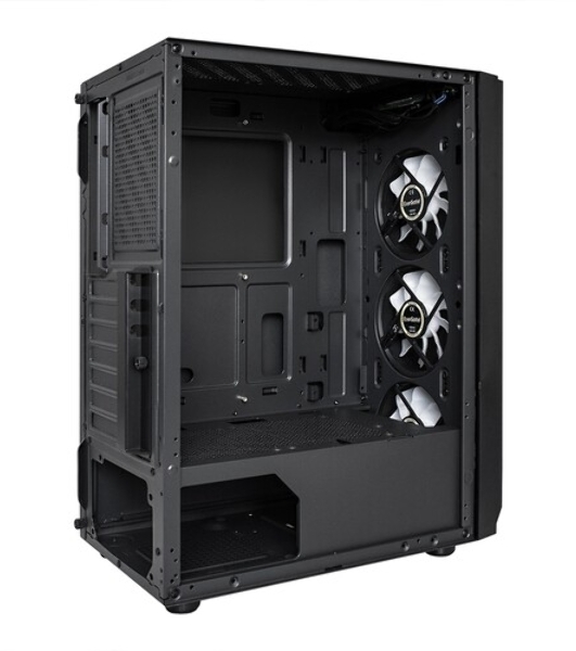 Компьютерный корпус Miditower ExeGate EVO-5001A-600NPX (ATX, БП 600NPX с вент. 12 см, 2хUSB+1хUSB 3.0+HD Audio, черный, 3 вент.12см с RGb подсветкой, боковая панель - закаленное стекло)