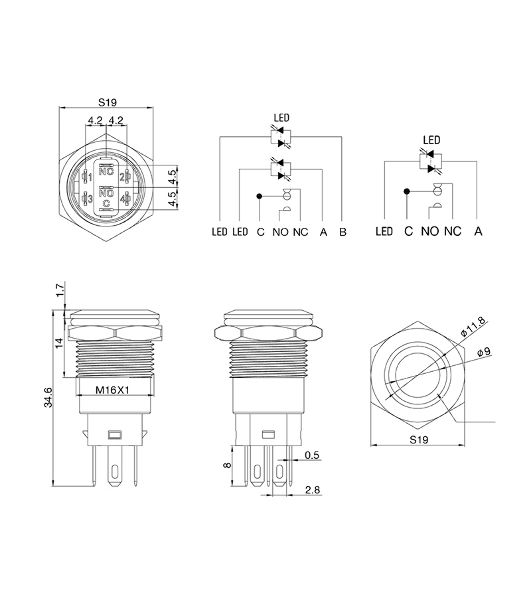 Кнопка антивандальная Rexant Ø16 250В Б/Фикс (5с) (ON)-OFF плоская подсв/красная POWER