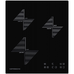 Индукционная варочная панель Kuppersberg ICO 402/ширина 45 см, 2 зоны 1,3 кВт(BOOSTER 1,5 кВт), 1 зона 2 кВт(BOOSTER 2,2 кВт),электронное сенсорное управление, 4 цифровых дисплев, 9 уровней мощности,автоматическое отключение,'Защита от детей'/Блокировка панели управления, Таймер до 99 минут, Stop & Go, Индикаторы остаточного тепла, цвет черный/прямой край