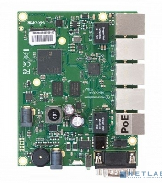Плата маршрутизатора RB450Gx4 без корпуса RouterBOARD 450Gx4 with four core 716MHz Atheros CPU, 1 Gb RAM, 5 Gigabit LAN ports, PoE OUT on port #5, RouterOS L5