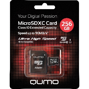 Карта памяти QUMO MicroSDXC 256 GB UHS-I, 3.0 , адаптер в комплекте SD, R/W 90/20 MB/s черно-красная картонная упаковка